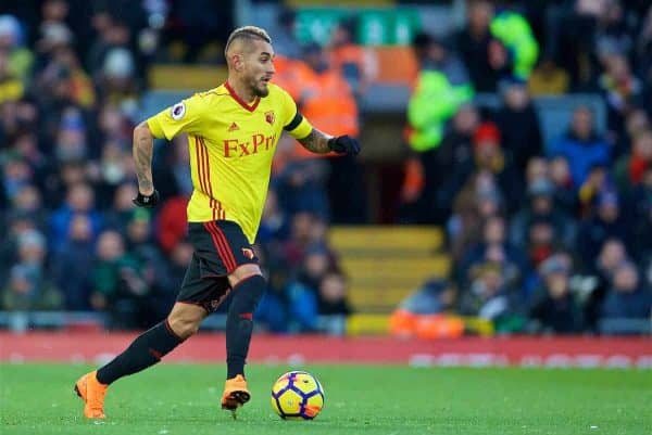 LIVERPOOL, ENGLAND - Saturday, March 17, 2018: Watford's Roberto Pereyra during the FA Premier League match between Liverpool FC and Watford FC at Anfield. (Pic by David Rawcliffe/Propaganda)