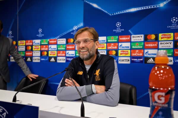 LIVERPOOL, ENGLAND - Tuesday, April 3, 2018: Liverpool's manager Jürgen Klopp during a press conference ahead of the UEFA Champions League Quarter-Final 1st Leg match between Liverpool FC and Manchester City FC at Anfield. (Pic by Paul Greenwood/Propaganda)