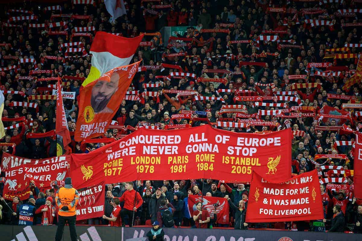LIVERPOOL, ENGLAND - Wednesday, April 4, 2018: Liverpool supporters on the Spion Kop hold up scarves as they sing "You'll Never Walk Alone" during the UEFA Champions League Quarter-Final 1st Leg match between Liverpool FC and Manchester City FC at Anfield. (Pic by David Rawcliffe/Propaganda)