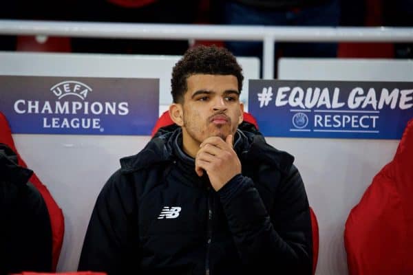 LIVERPOOL, ENGLAND - Wednesday, April 4, 2018: Liverpool's substitute Dominic Solanke on the bench before the UEFA Champions League Quarter-Final 1st Leg match between Liverpool FC and Manchester City FC at Anfield. (Pic by David Rawcliffe/Propaganda)