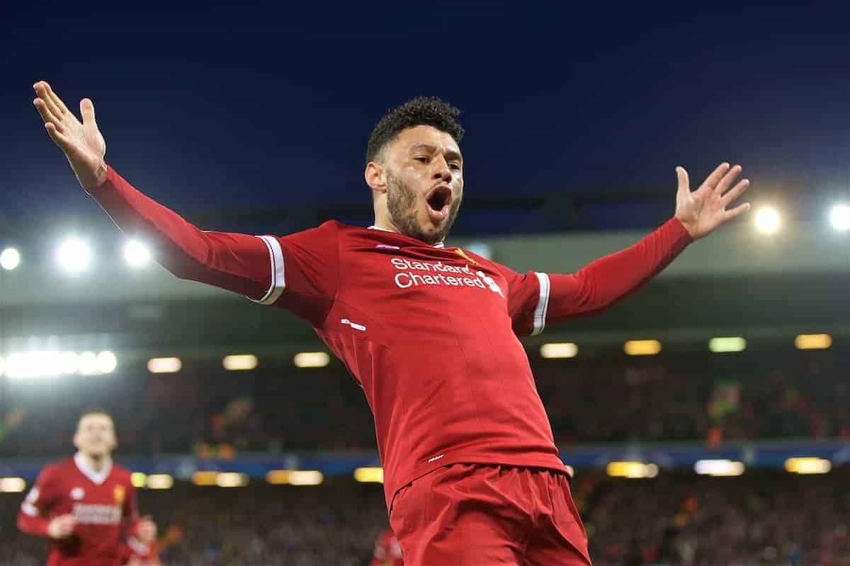 LIVERPOOL, ENGLAND - Wednesday, April 4, 2018: Liverpool's Alex Oxlade-Chamberlain celebrates scoring the second goal during the UEFA Champions League Quarter-Final 1st Leg match between Liverpool FC and Manchester City FC at Anfield. (Pic by David Rawcliffe/Propaganda)