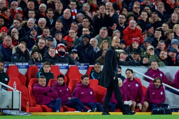 LIVERPOOL, ENGLAND - Wednesday, April 4, 2018: Manchester City's manager Pep Guardiola during the UEFA Champions League Quarter-Final 1st Leg match between Liverpool FC and Manchester City FC at Anfield. (Pic by David Rawcliffe/Propaganda)