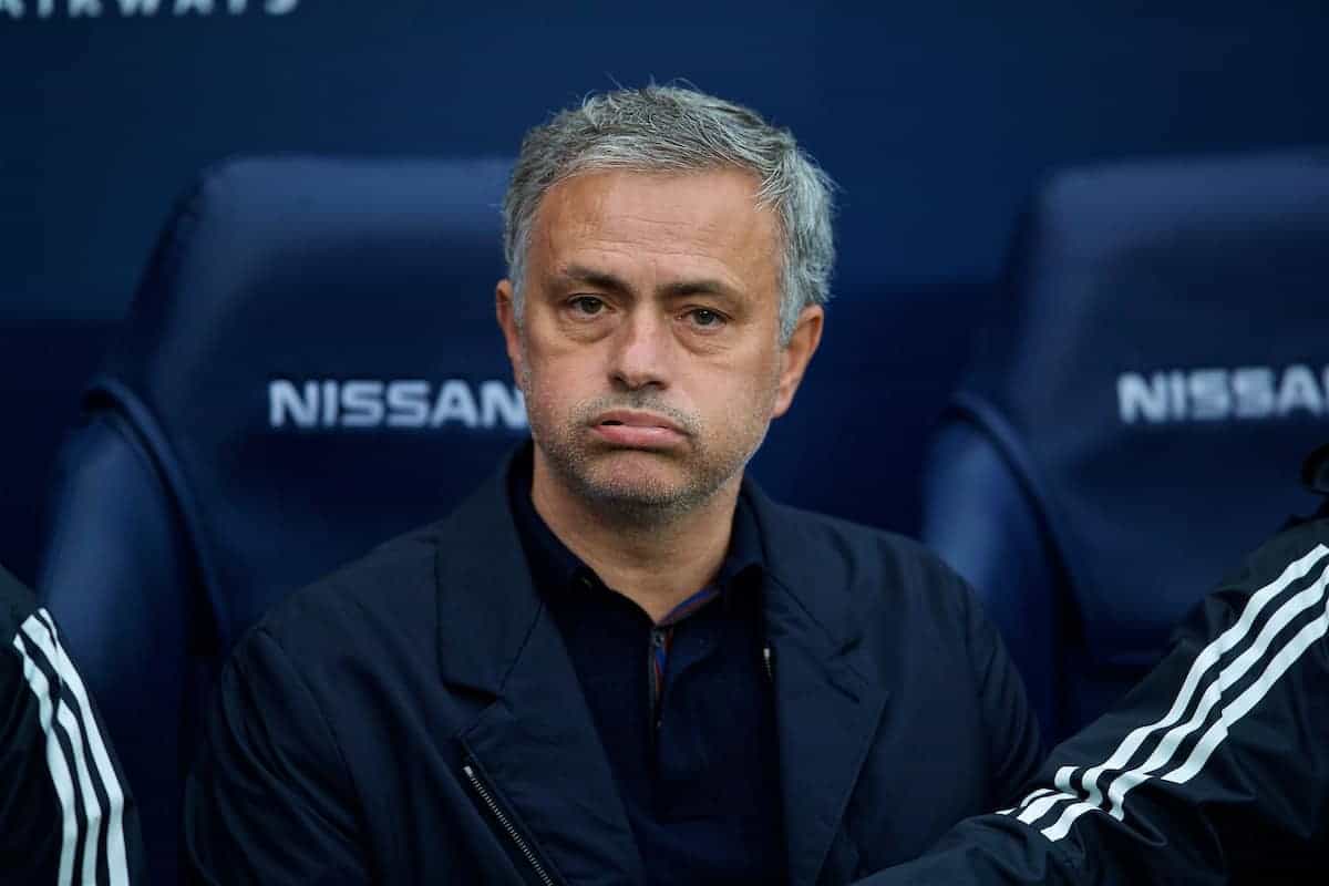 MANCHESTER, ENGLAND - Saturday, April 7, 2018: Manchester United's manager Jose Mourinho looks miserable before the FA Premier League match between Manchester City FC and Manchester United FC at the City of Manchester Stadium. (Pic by David Rawcliffe/Propaganda)