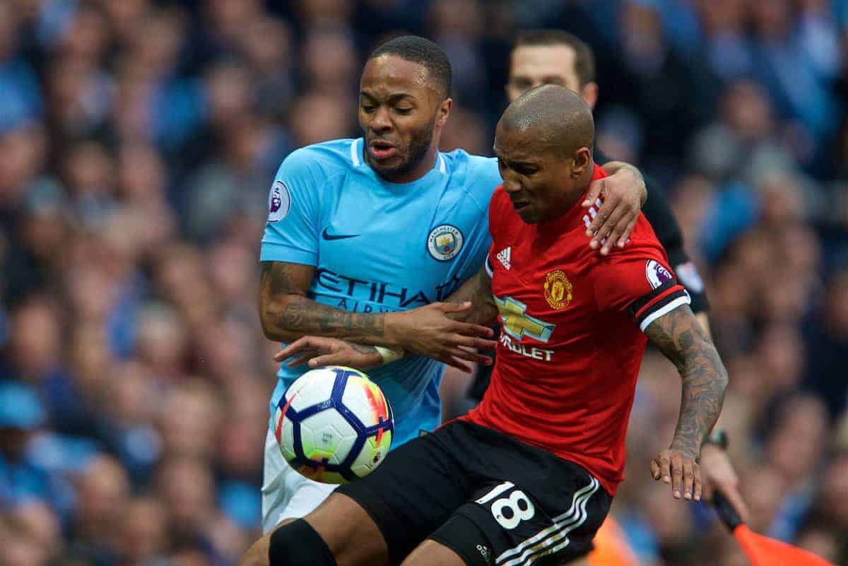 MANCHESTER, ENGLAND - Saturday, April 7, 2018: Manchester City's Raheem Sterling and Manchester United's Ashley Young during the FA Premier League match between Manchester City FC and Manchester United FC at the City of Manchester Stadium. (Pic by David Rawcliffe/Propaganda)