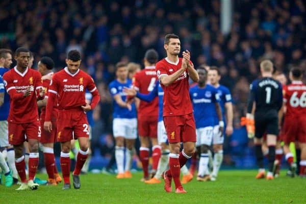 LIVERPOOL, ENGLAND - Saturday, April 7, 2018: Liverpool's Dejan Lovren applauds the supporters after the goal-less draw during the FA Premier League match between Everton and Liverpool, the 231st Merseyside Derby, at Goodison Park. (Pic by David Rawcliffe/Propaganda)