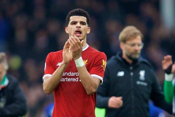 LIVERPOOL, ENGLAND - Saturday, April 7, 2018: Liverpool's Dominic Solanke applauds the supporters after the goal-less draw during the FA Premier League match between Everton and Liverpool, the 231st Merseyside Derby, at Goodison Park. (Pic by David Rawcliffe/Propaganda)