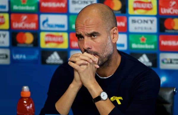 MANCHESTER, ENGLAND - Monday, April 9, 2018: Manchester City's manager Pep Guardiola during a press conference at the City Football Academy ahead of the UEFA Champions League Quarter-Final 2nd Leg match between Manchester City FC and Liverpool FC. (Pic by David Rawcliffe/Propaganda)