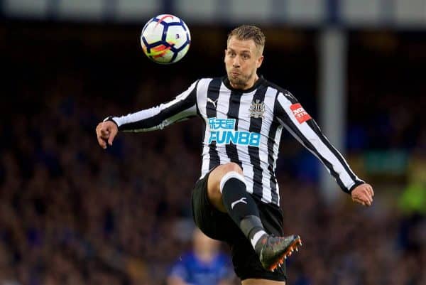 LIVERPOOL, ENGLAND - Monday, April 23, 2018: Newcastle United's Florian Lejeune during the FA Premier League match between Everton and Newcastle United at Goodison Park. (Pic by David Rawcliffe/Propaganda)