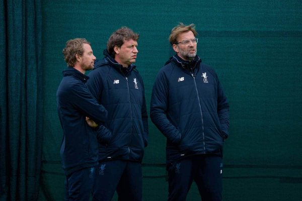 LIVERPOOL, ENGLAND - Monday, April 23, 2018: Liverpool's manager Jürgen Klopp (right) with first team coach Peter Krawietz (centre) during a training session at Melwood Training Ground ahead of the UEFA Champions League Semi-Final 1st Leg match between Liverpool FC and AS Roma. (Pic by David Rawcliffe/Propaganda)