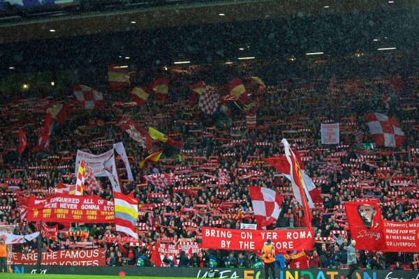 LIVERPOOL, ENGLAND - Tuesday, April 24, 2018: Liverpool supporters on the Spion Kop hold up their scarves as they sing "You'll Never Walk Alone" before the UEFA Champions League Semi-Final 1st Leg match between Liverpool FC and AS Roma at Anfield. (Pic by David Rawcliffe/Propaganda)