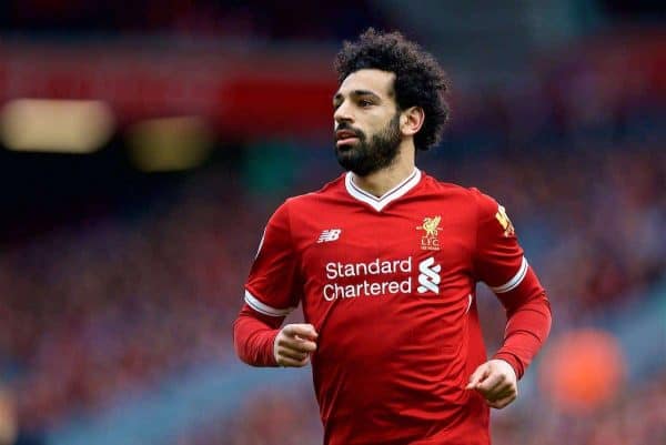 LIVERPOOL, ENGLAND - Saturday, April 28, 2018: Liverpool's Mohamed Salah during the FA Premier League match between Liverpool FC and Stoke City FC at Anfield. (Pic by David Rawcliffe/Propaganda)