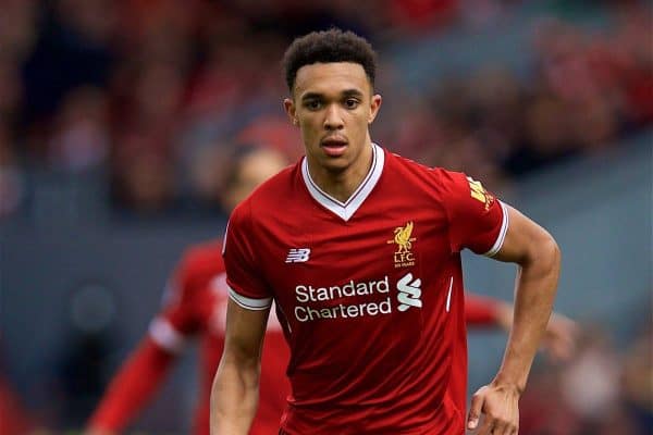 LIVERPOOL, ENGLAND - Saturday, April 28, 2018: Liverpool's Trent Alexander-Arnold during the FA Premier League match between Liverpool FC and Stoke City FC at Anfield. (Pic by David Rawcliffe/Propaganda)