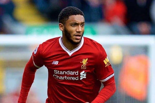 LIVERPOOL, ENGLAND - Saturday, April 28, 2018: Liverpool's Joe Gomez during the FA Premier League match between Liverpool FC and Stoke City FC at Anfield. (Pic by David Rawcliffe/Propaganda)