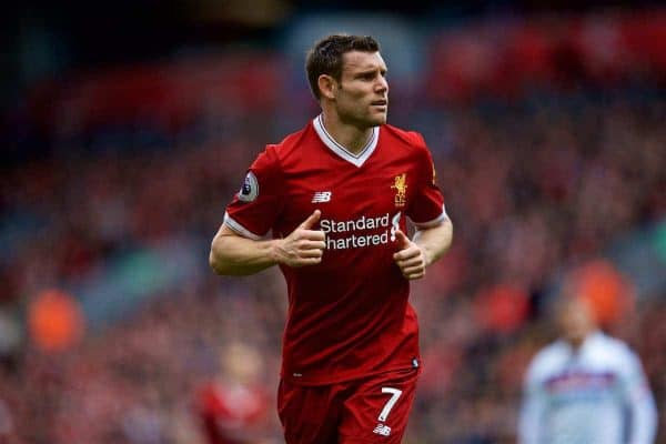 LIVERPOOL, ENGLAND - Saturday, April 28, 2018: Liverpool's James Milner during the FA Premier League match between Liverpool FC and Stoke City FC at Anfield. (Pic by David Rawcliffe/Propaganda)