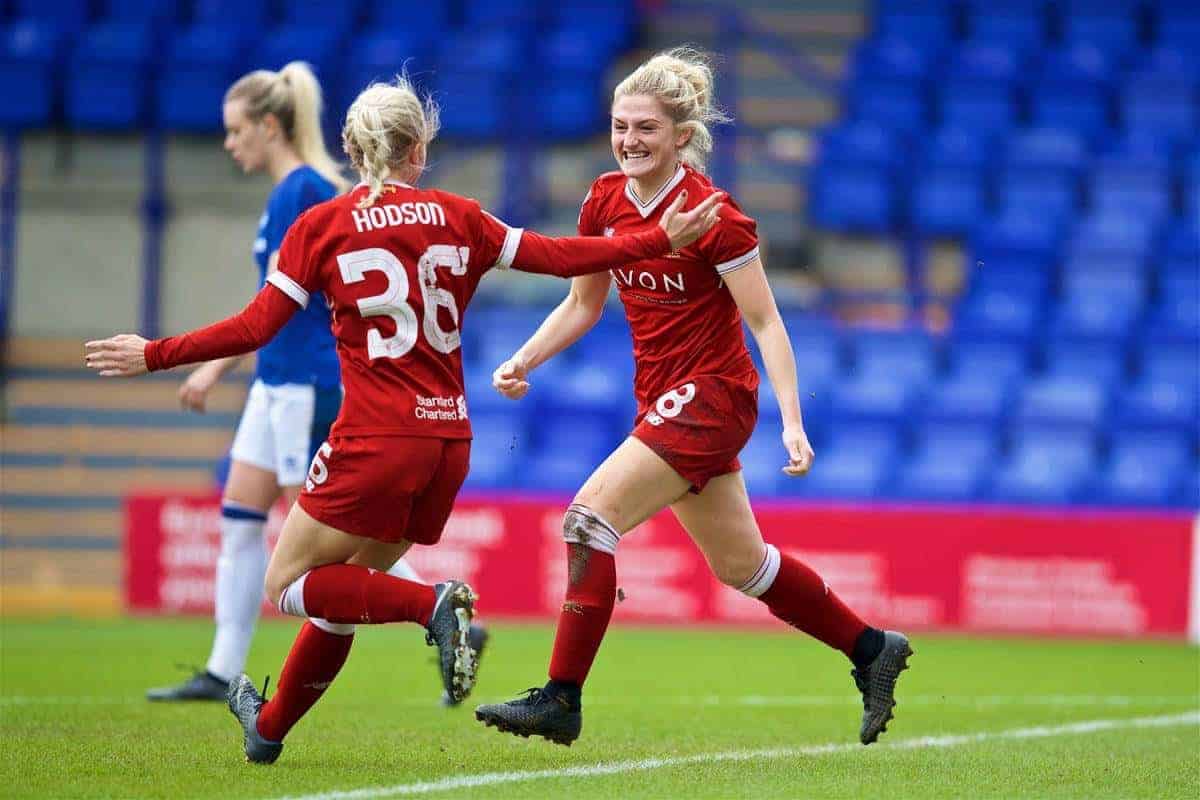 BIRKENHEAD, ENGLAND - Sunday, April 29, 2018: Liverpool's Laura Coombs celebrates scoring the first goal during the FA Women's Super League 1 match between Liverpool FC Ladies and Everton FC Ladies at Prenton Park. (Pic by David Rawcliffe/Propaganda)