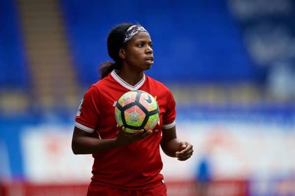 BIRKENHEAD, ENGLAND - Sunday, April 29, 2018: Liverpool's Satara Murray prepares to take a throw-in during the FA Women's Super League 1 match between Liverpool FC Ladies and Everton FC Ladies at Prenton Park. (Pic by David Rawcliffe/Propaganda)