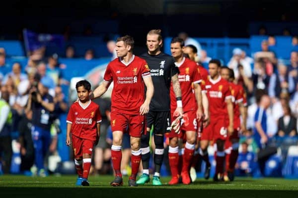 LONDON, ENGLAND - Sunday, May 6, 2018: Liverpool's captain James Milner leads his side out to face Chelsea before the FA Premier League match between Chelsea FC and Liverpool FC at Stamford Bridge. (Pic by David Rawcliffe/Propaganda)