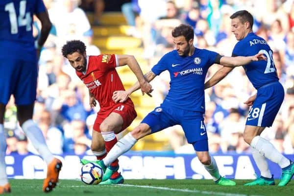 LONDON, ENGLAND - Sunday, May 6, 2018: Liverpool's Mohamed Salah (left) and Chelsea's Cesc Fabregas during the FA Premier League match between Chelsea FC and Liverpool FC at Stamford Bridge. (Pic by David Rawcliffe/Propaganda)