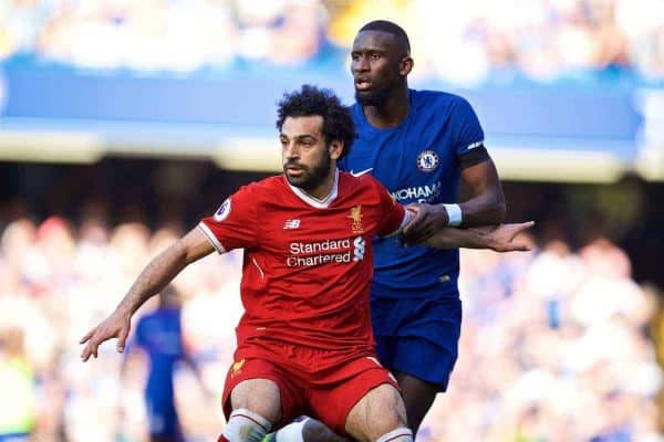 LONDON, ENGLAND - Sunday, May 6, 2018: Liverpool's Mohamed Salah and Chelsea's Antonio Rüdiger during the FA Premier League match between Chelsea FC and Liverpool FC at Stamford Bridge. (Pic by David Rawcliffe/Propaganda)