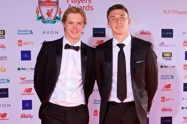 LIVERPOOL, ENGLAND - Thursday, May 10, 2018: Liverpool Under-18's goalkeeper Caoimhin Kelleher and Conor Masterson arrive on the red carpet for the Liverpool FC Players' Awards 2018 at Anfield. (Pic by David Rawcliffe/Propaganda)