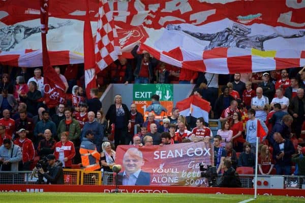 LIVERPOOL, ENGLAND - Sunday, May 13, 2018: A Liverpool supporters' banner for Sean Cox during the FA Premier League match between Liverpool FC and Brighton & Hove Albion FC at Anfield. (Pic by David Rawcliffe/Propaganda)