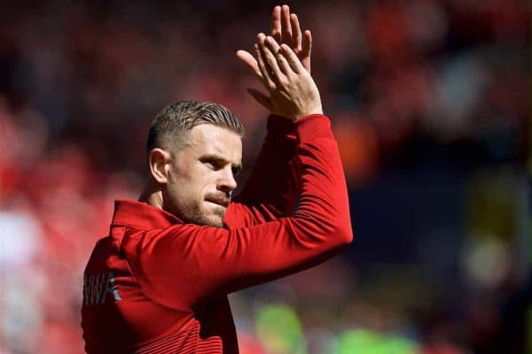 LIVERPOOL, ENGLAND - Sunday, May 13, 2018: Liverpool's captain Jordan Henderson applauds the supporters before the FA Premier League match between Liverpool FC and Brighton & Hove Albion FC at Anfield. (Pic by David Rawcliffe/Propaganda)