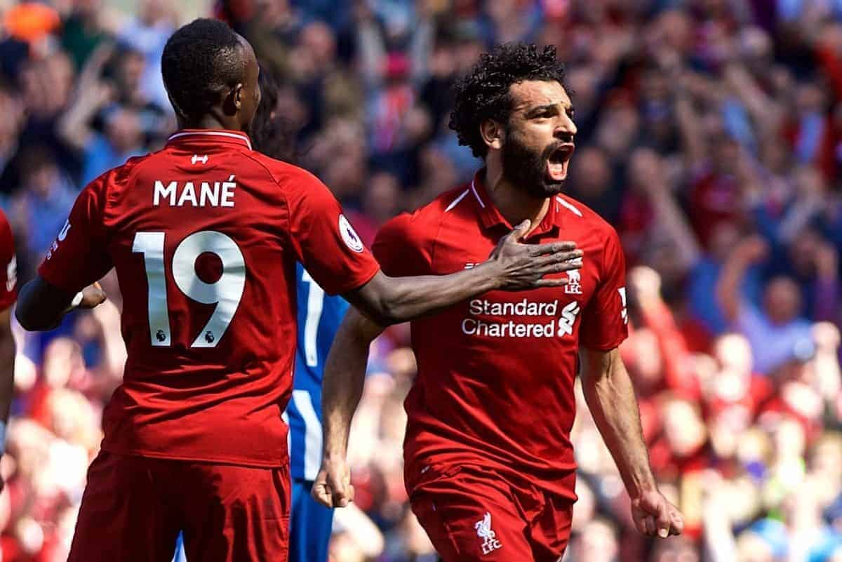 LIVERPOOL, ENGLAND - Sunday, May 13, 2018: Liverpool's Mohamed Salah celebrates scoring the first goal during the FA Premier League match between Liverpool FC and Brighton & Hove Albion FC at Anfield. It was his 32nd league goal of the season making him the leading scorer. Liverpool won 4-0. (Pic by David Rawcliffe/Propaganda)