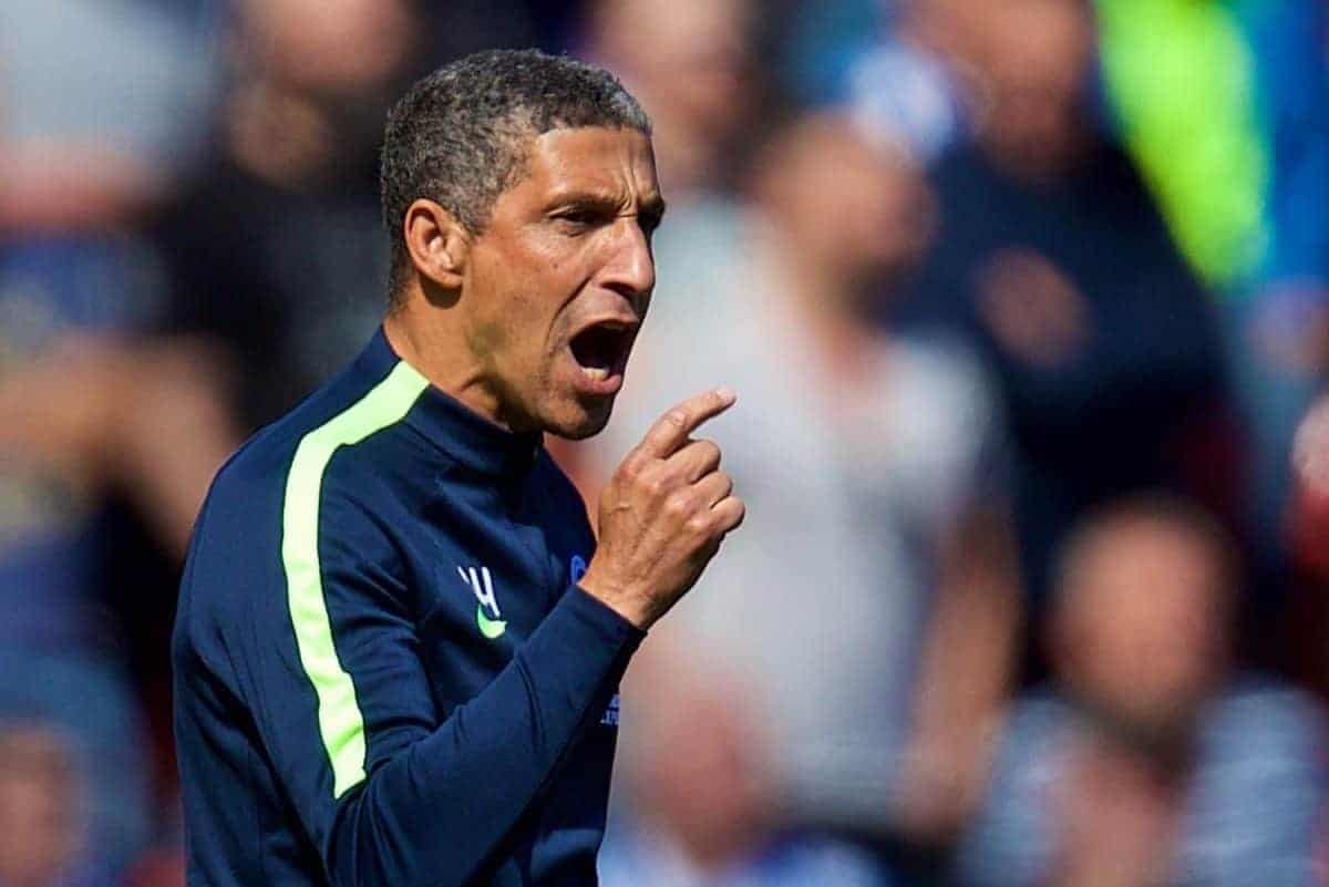 LIVERPOOL, ENGLAND - Sunday, May 13, 2018: Brighton & Hove Albion's manager Chris Hughton during the FA Premier League match between Liverpool FC and Brighton & Hove Albion FC at Anfield. (Pic by David Rawcliffe/Propaganda)