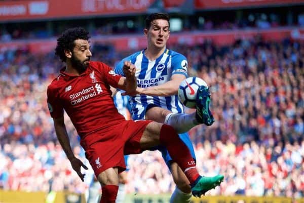 LIVERPOOL, ENGLAND - Sunday, May 13, 2018: Liverpool's Mohamed Salah and Brighton & Hove Albion's Lewis Dunk during the FA Premier League match between Liverpool FC and Brighton & Hove Albion FC at Anfield. (Pic by David Rawcliffe/Propaganda)