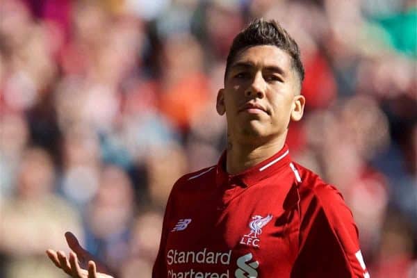 LIVERPOOL, ENGLAND - Sunday, May 13, 2018: Liverpool's Roberto Firmino looks dejected after missing a chance during the FA Premier League match between Liverpool FC and Brighton & Hove Albion FC at Anfield. (Pic by David Rawcliffe/Propaganda)