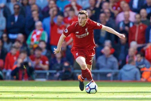 LIVERPOOL, ENGLAND - Sunday, May 13, 2018: Liverpool's Andy Robertson during the FA Premier League match between Liverpool FC and Brighton & Hove Albion FC at Anfield. (Pic by David Rawcliffe/Propaganda)