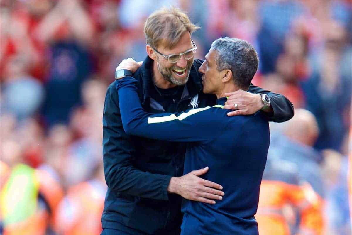 LIVERPOOL, ENGLAND - Sunday, May 13, 2018: Liverpool's manager Jürgen Klopp embraces Brighton & Hove Albion's manager Chris Hughton after the FA Premier League match between Liverpool FC and Brighton & Hove Albion FC at Anfield. Liverpool won 4-0 and finished fourth. (Pic by David Rawcliffe/Propaganda)