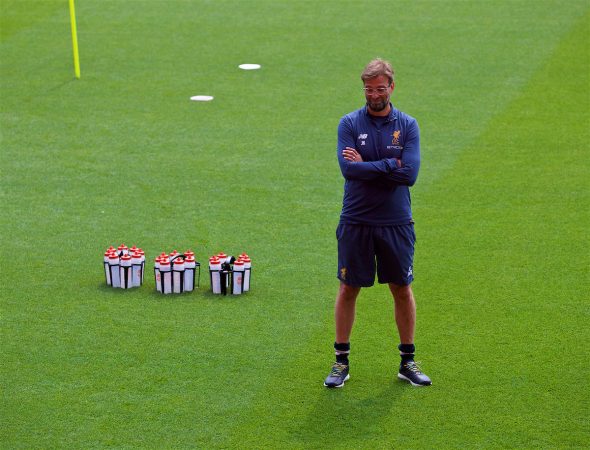 LIVERPOOL, ENGLAND - Monday, May 21, 2018: Liverpool's manager Jürgen Klopp during a training session at Anfield ahead of the UEFA Champions League Final match between Real Madrid CF and Liverpool FC. (Pic by Paul Greenwood/Propaganda)