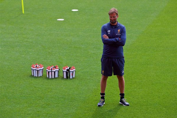 LIVERPOOL, ENGLAND - Monday, May 21, 2018: Liverpool's manager Jürgen Klopp during a training session at Anfield ahead of the UEFA Champions League Final match between Real Madrid CF and Liverpool FC. (Pic by Paul Greenwood/Propaganda)