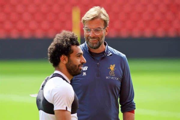 LIVERPOOL, ENGLAND - Monday, May 21, 2018: Liverpool's Mohamed Salah and manager Jürgen Klopp during a training session at Anfield ahead of the UEFA Champions League Final match between Real Madrid CF and Liverpool FC. (Pic by Paul Greenwood/Propaganda)