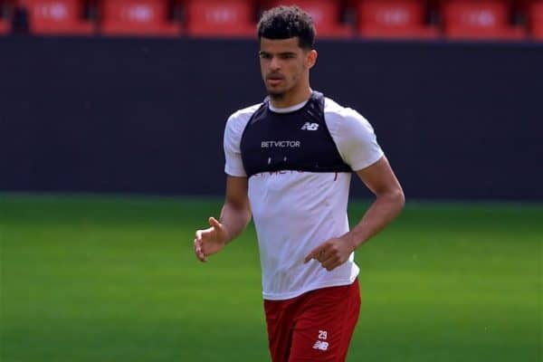 LIVERPOOL, ENGLAND - Monday, May 21, 2018: Liverpool's Dominic Solanke during a training session at Anfield ahead of the UEFA Champions League Final match between Real Madrid CF and Liverpool FC. (Pic by Paul Greenwood/Propaganda)