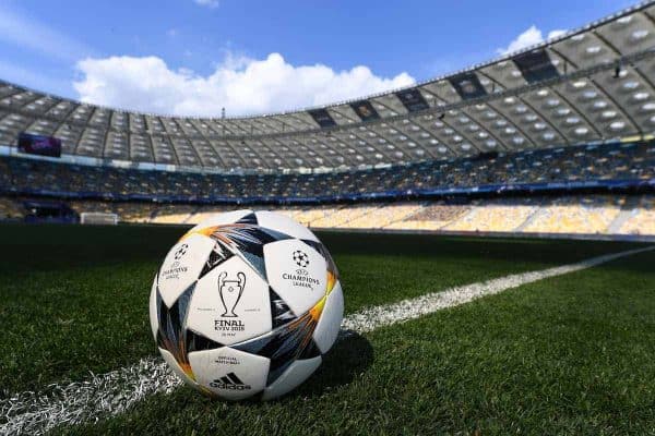 KIEV, UKRAINE - Friday, May 25, 2018: The official match ball on the pitch at the NSC Olimpiyskiy ahead of the UEFA Champions League Final match between Real Madrid CF and Liverpool FC. (Handout/UEFA via Propaganda)