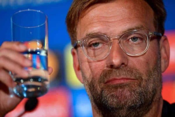 KIEV, UKRAINE - Friday, May 25, 2018: Liverpool's manager Jürgen Klopp during a pre-match press conference at the NSC Olimpiyskiy ahead of the UEFA Champions League Final match between Real Madrid CF and Liverpool FC. (Handout/UEFA via Propaganda)