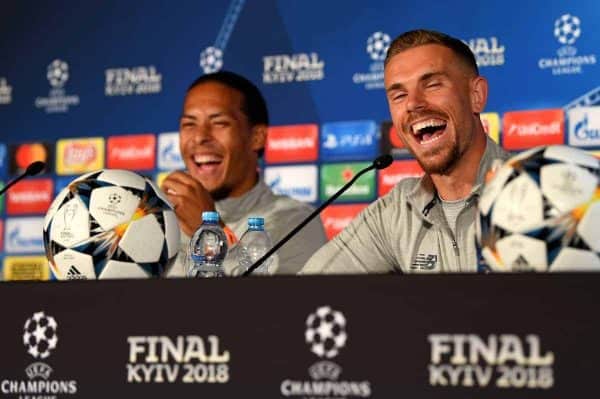 KIEV, UKRAINE - Friday, May 25, 2018: Liverpool's Virgil van Dijk and captain Jordan Henderson during a pre-match press conference at the NSC Olimpiyskiy ahead of the UEFA Champions League Final match between Real Madrid CF and Liverpool FC. (Handout/UEFA via Propaganda)