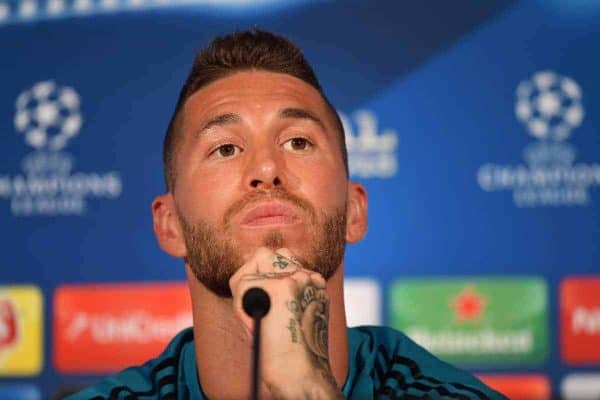 KIEV, UKRAINE - Friday, May 25, 2018: Real Madrid's Sergio Ramos during a pre-match press conference at the NSC Olimpiyskiy ahead of the UEFA Champions League Final match between Real Madrid CF and Liverpool FC. (Handout/UEFA via Propaganda)