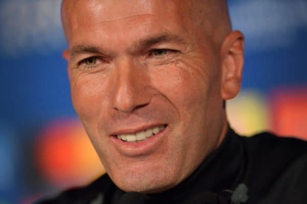 KIEV, UKRAINE - Friday, May 25, 2018: Real Madrid's head coach Zinedine Zidane during a pre-match press conference at the NSC Olimpiyskiy ahead of the UEFA Champions League Final match between Real Madrid CF and Liverpool FC. (Handout/UEFA via Propaganda)