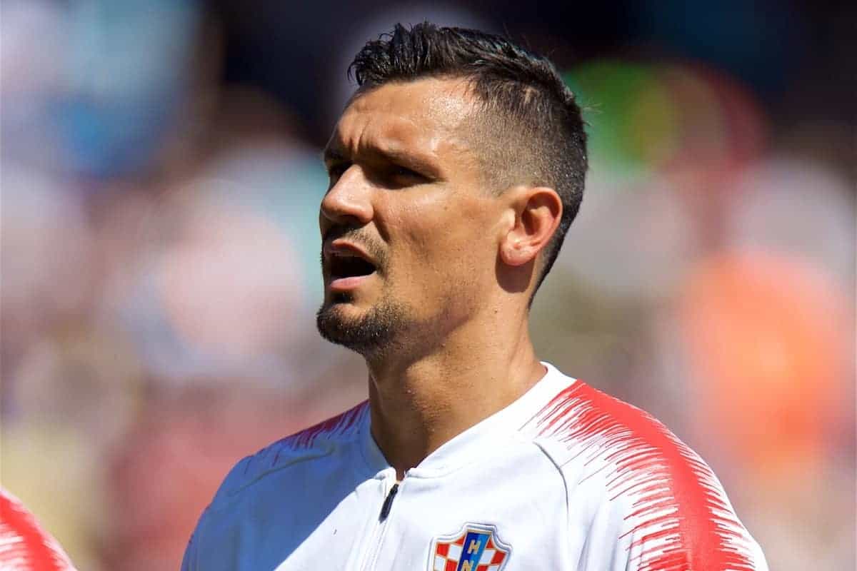 LIVERPOOL, ENGLAND - Sunday, June 3, 2018: Croatia's Dejan Lovren lines-up before an international friendly between Brazil and Croatia at Anfield. (Pic by David Rawcliffe/Propaganda)