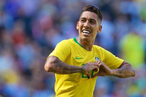 LIVERPOOL, ENGLAND - Sunday, June 3, 2018: Brazil and Liverpool striker Roberto Firmino celebrates scoring the second goal during an international friendly between Brazil and Croatia at Anfield. Brazil won 2-0. (Pic by David Rawcliffe/Propaganda)