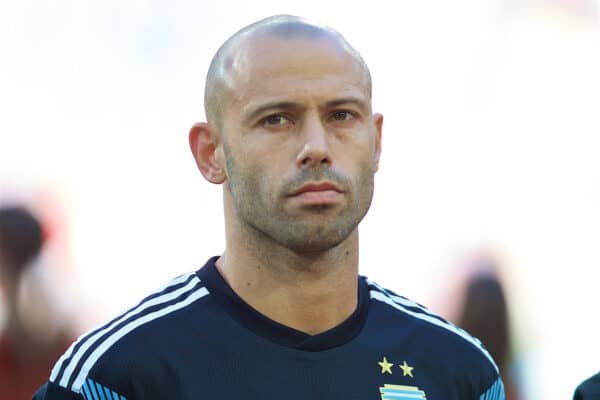 MOSCOW, RUSSIA - Saturday, June 16, 2018: Argentina's Javier Mascherano lines-up before the FIFA World Cup Russia 2018 Group D match between Argentina and Iceland at the Spartak Stadium. (Pic by David Rawcliffe/Propaganda)