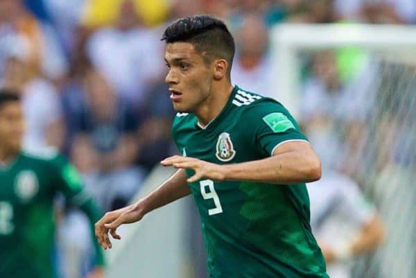 MOSCOW, RUSSIA - Sunday, June 17, 2018: Mexico's Raul Jimenez during the FIFA World Cup Russia 2018 Group F match between Germany and Mexico at the Luzhniki Stadium. (Pic by David Rawcliffe/Propaganda)