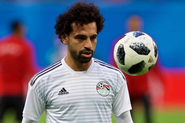 SAINT PETERSBURG, RUSSIA - Tuesday, June 19, 2018: Egypt's Mohamed Salah during the pre-match warm-up before the FIFA World Cup Russia 2018 Group A match between Russia and Egypt at the Saint Petersburg Stadium. (Pic by David Rawcliffe/Propaganda)