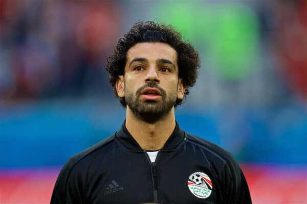 SAINT PETERSBURG, RUSSIA - Tuesday, June 19, 2018: Egypt's Mohamed Salah lines-up before the FIFA World Cup Russia 2018 Group A match between Russia and Egypt at the Saint Petersburg Stadium. (Pic by David Rawcliffe/Propaganda)