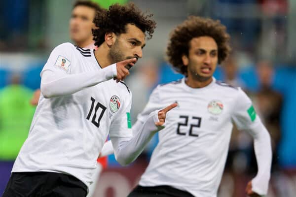 SAINT PETERSBURG, RUSSIA - Tuesday, June 19, 2018: Egypt's Mohamed Salah celebrates after scoring his side's only goal from a penalty kick during the FIFA World Cup Russia 2018 Group A match between Russia and Egypt at the Saint Petersburg Stadium. Egypt lost 3-1. (Pic by David Rawcliffe/Propaganda)