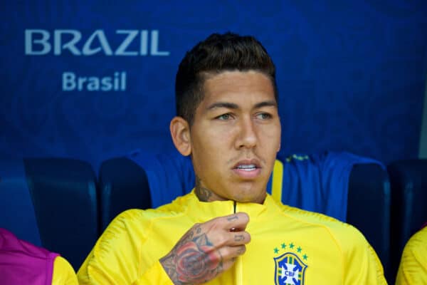 SAINT PETERSBURG, RUSSIA - Friday, June 22, 2018: Brazil's Liverpool striker Roberto Firmino on the substitute's bench before the FIFA World Cup Russia 2018 Group E match between Brazil and Costa Rica at the Saint Petersburg Stadium. (Pic by David Rawcliffe/Propaganda)