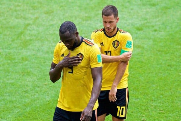 MOSCOW, RUSSIA - Saturday, June 23, 2018: Belgium's goal-scorers Romelu Lukaku (x2) and Eden Hazard walk off at half-time during the FIFA World Cup Russia 2018 Group G match between Belgium and Tunisia at the Spartak Stadium. (Pic by David Rawcliffe/Propaganda)